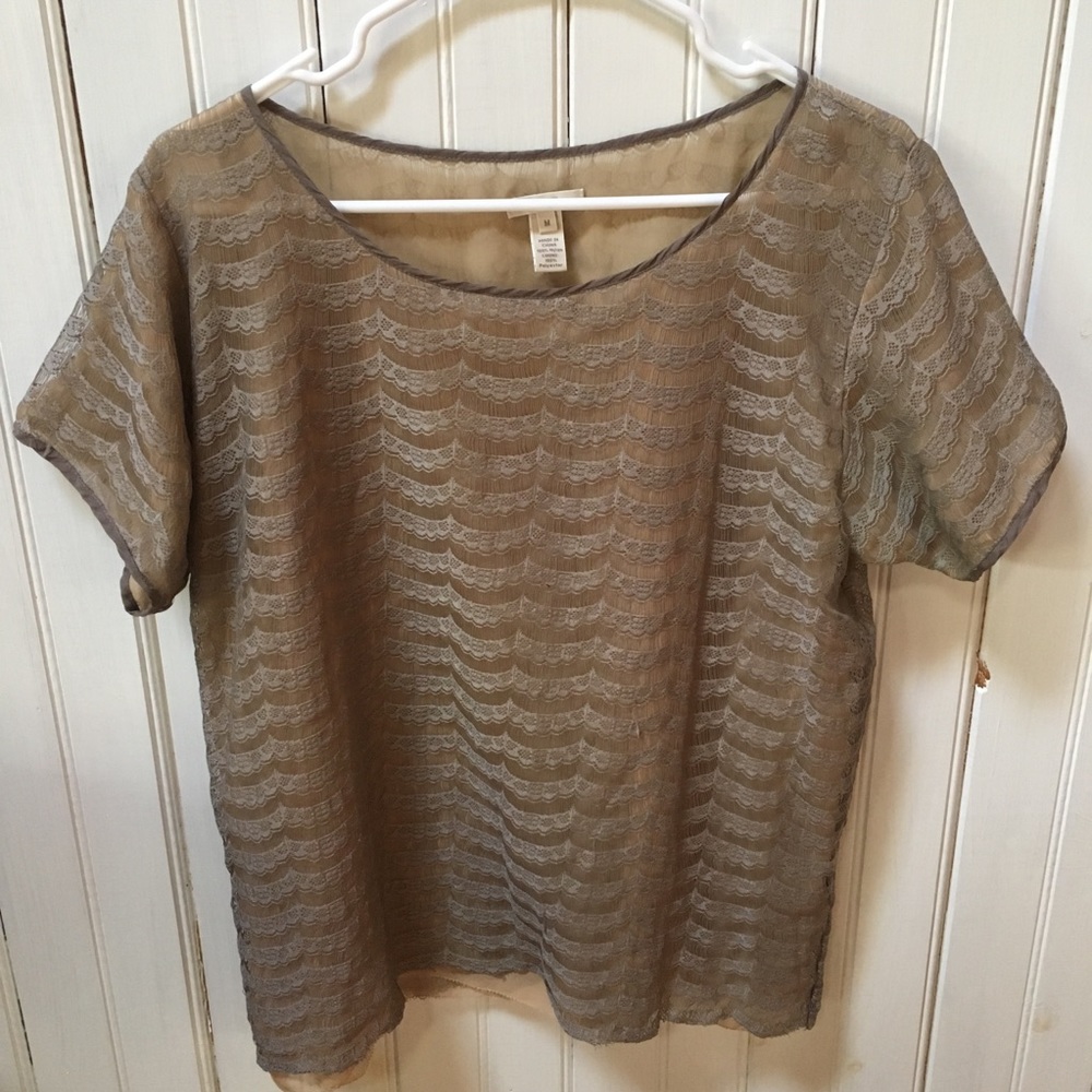 J Crew Blouse - Tan with Lace Overlay